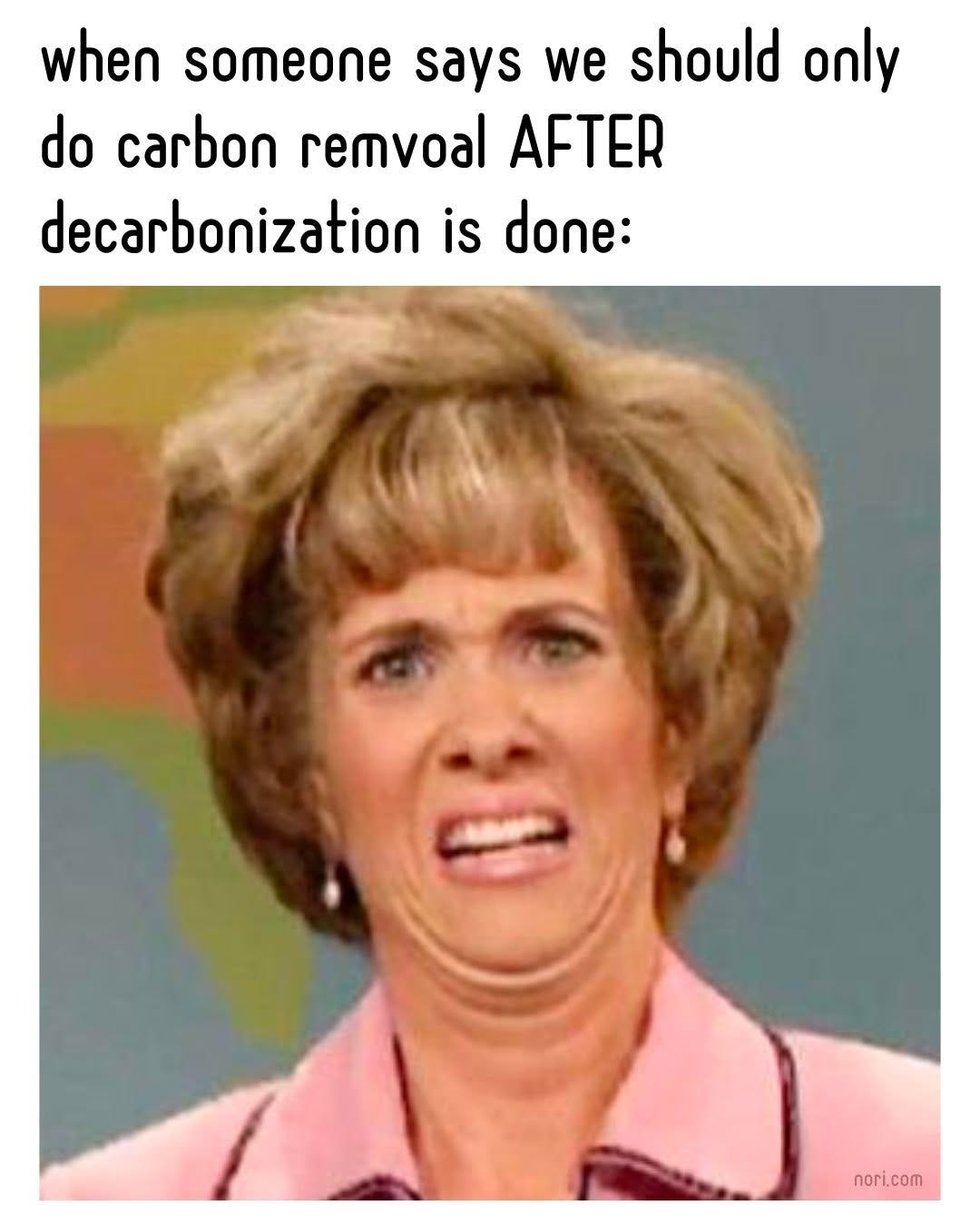 Kristen Wiig grimacing in disgust, under the text "when someone says we should only do carbon remvoal AFTER decarbonization is done:".