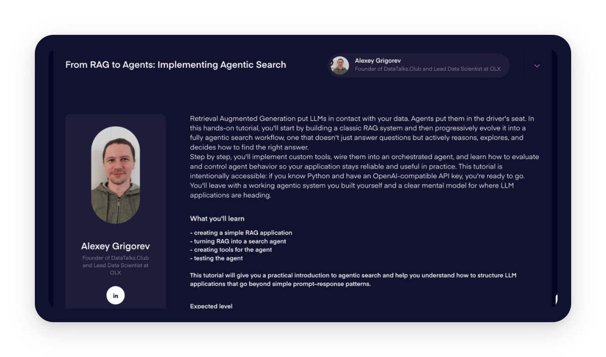 A man with short brown hair and a light jacket is featured prominently next to a workshop outline on implementing agentic search.