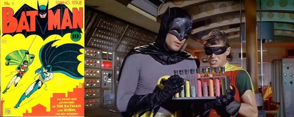 First Batman comic next to still image from the 1966 Batman film