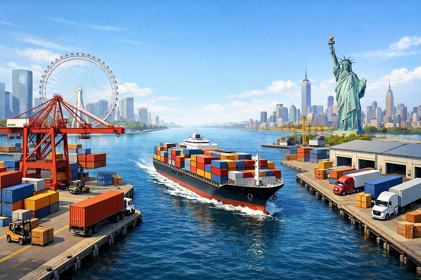 A cargo ship carrying containers sailing between a Chinese port and an American port with cranes, trucks, and warehouses visible at each location. A cargo ship carrying containers sailing between a Chinese port and an American port with cranes, trucks, and warehouses visible at each location.