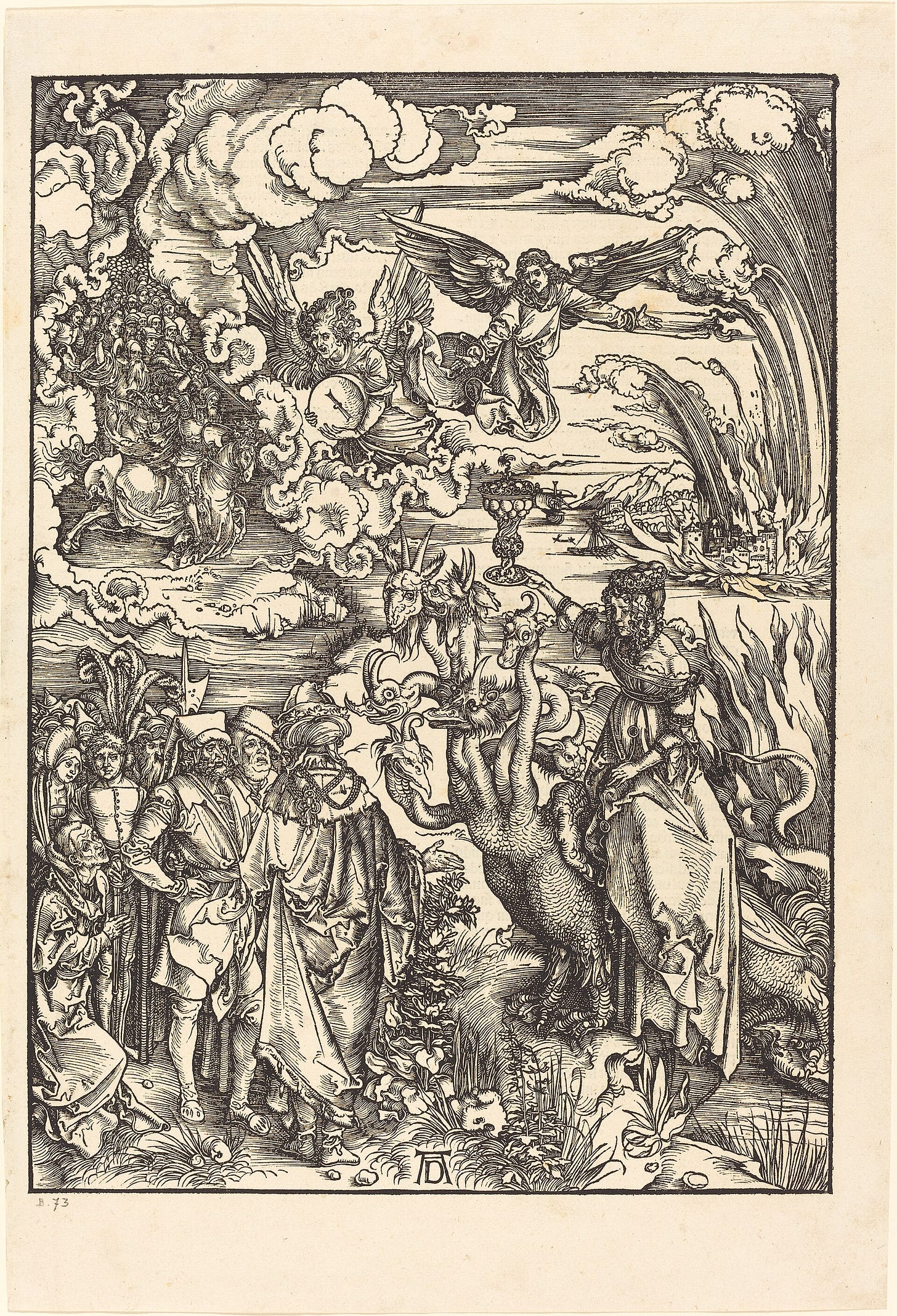 Albrecht Dürer woodcut, The Whore of Babylon, 1498, showing the crowned woman on the seven-headed beast raising a golden cup before a crowd Albrecht Dürer woodcut, The Whore of Babylon, 1498, showing the crowned woman on the seven-headed beast raising a golden cup before a crowd