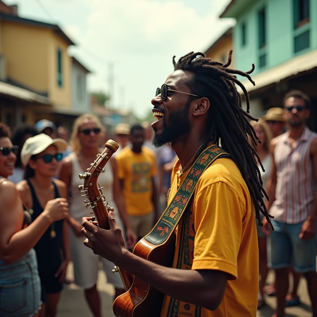 Street performer, a Jamaican dreadlocked musician, passionately playing a lively tune on his instrument, surrounded by a crowd of white tourists, enthusiastically showing appreciation by tipping him, on a vibrant, sun-kissed street in Jamaica,