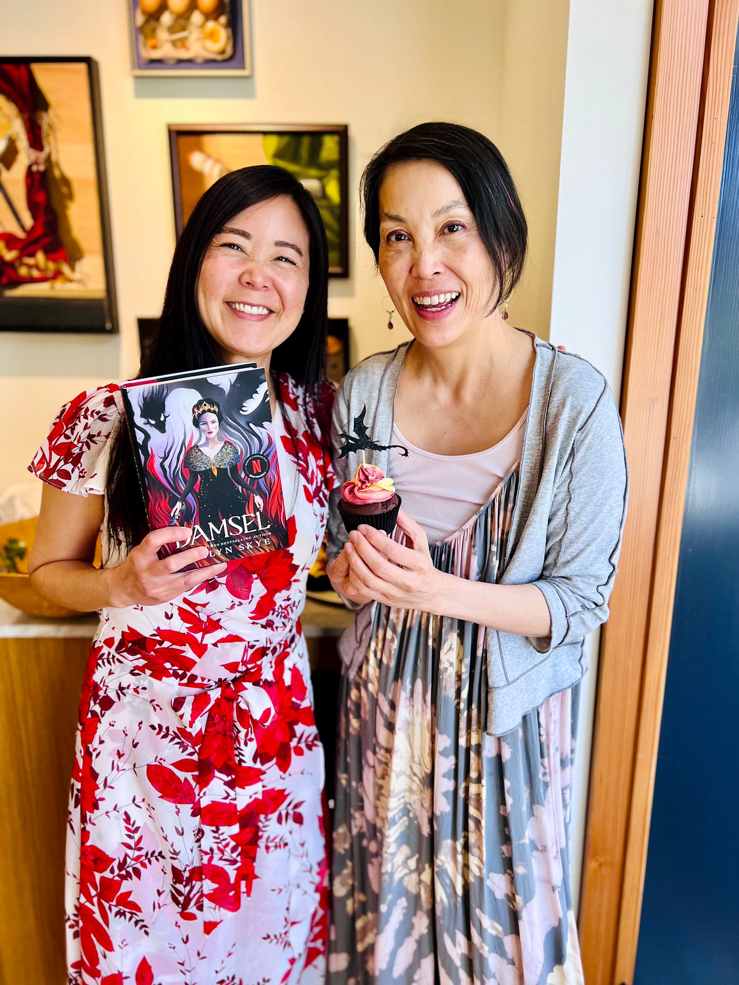 Authors Evelyn Skye and Stacey Lee, at the book launch party for DAMSEL
