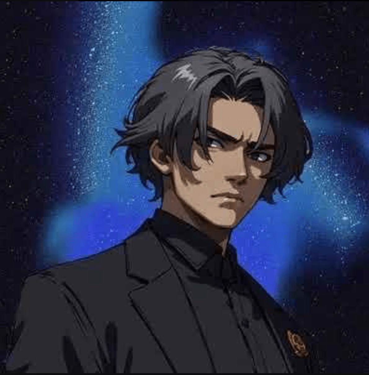 A dark haired, angry, Kylo Ren-looking anime man dressed in black glares to the side in front of a starry like sky