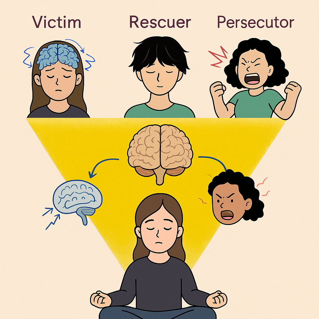 A digital diagram showing the Drama Triangle with cartoon-style figures representing the roles of Victim (with a distressed brain), Rescuer (neutral expression), and Persecutor (angry, yelling). An inverted yellow triangle connects the three, with a central brain symbol in the middle. At the base, a person sits cross-legged in meditation, surrounded by symbolic arrows and brain icons illustrating neurobiological dysregulation patterns for each role. A digital diagram showing the Drama Triangle with cartoon-style figures representing the roles of Victim (with a distressed brain), Rescuer (neutral expression), and Persecutor (angry, yelling). An inverted yellow triangle connects the three, with a central brain symbol in the middle. At the base, a person sits cross-legged in meditation, surrounded by symbolic arrows and brain icons illustrating neurobiological dysregulation patterns for each role.
