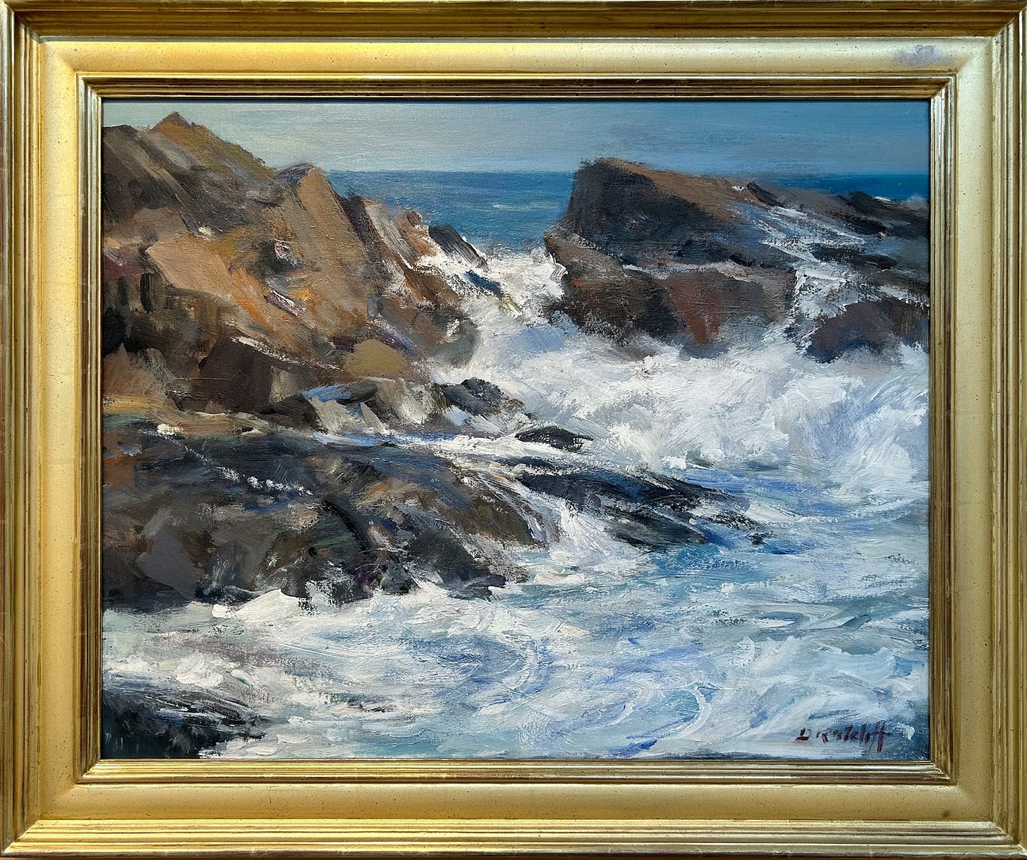A painting of waves crashing on rocks

Description automatically generated