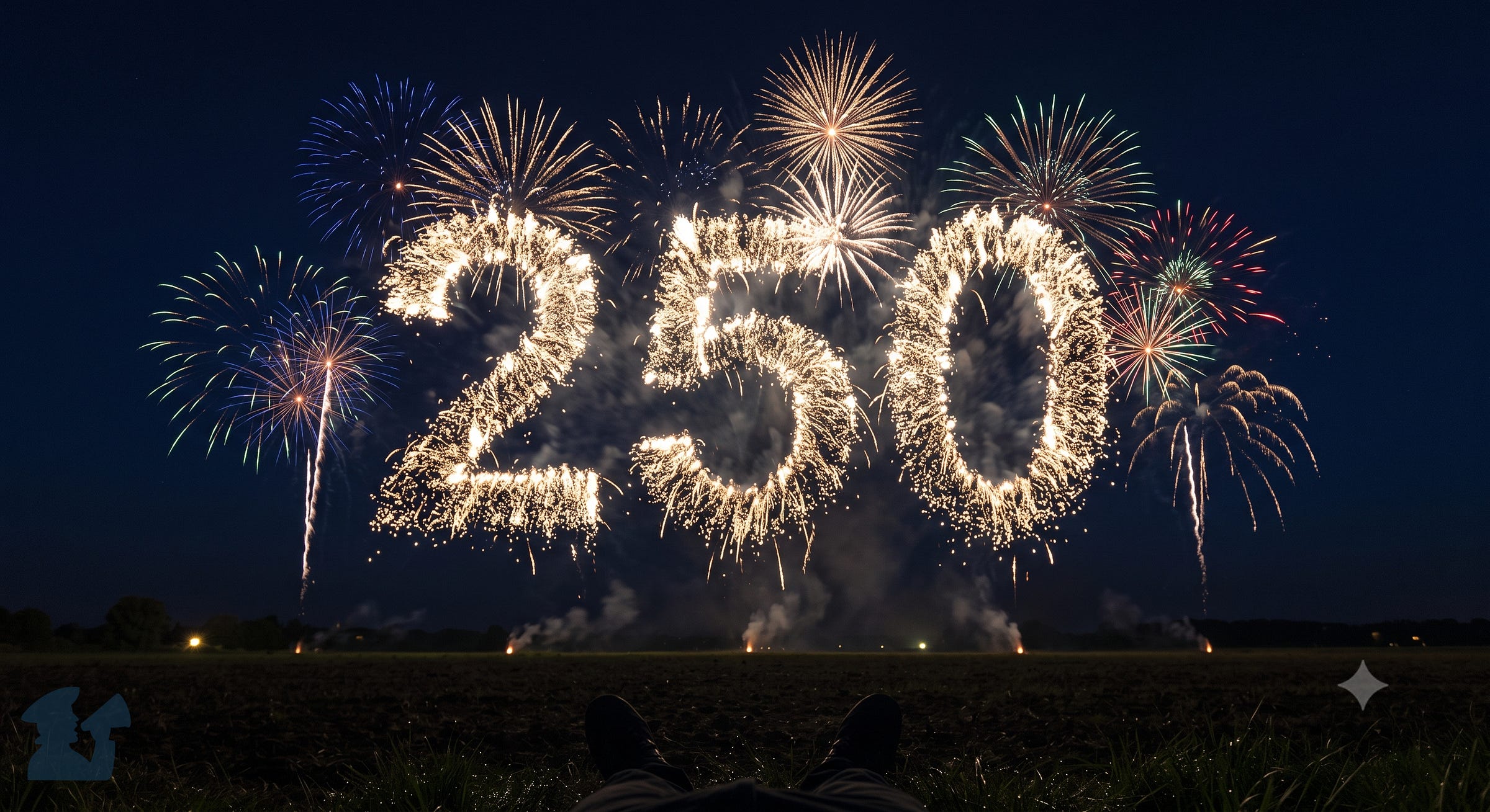 A photograph from the perspective of a person lying on the ground, looking up from below their own feet (wearing dark trousers and sneakers) through green grass towards a large night sky. Above, a multi-colored fireworks display illuminates the darkness, forming the giant number '250' in glowing golden sparks, surrounded by other blue, green, and gold firework bursts. Smoke drifts above the ground. A photograph from the perspective of a person lying on the ground, looking up from below their own feet (wearing dark trousers and sneakers) through green grass towards a large night sky. Above, a multi-colored fireworks display illuminates the darkness, forming the giant number '250' in glowing golden sparks, surrounded by other blue, green, and gold firework bursts. Smoke drifts above the ground.