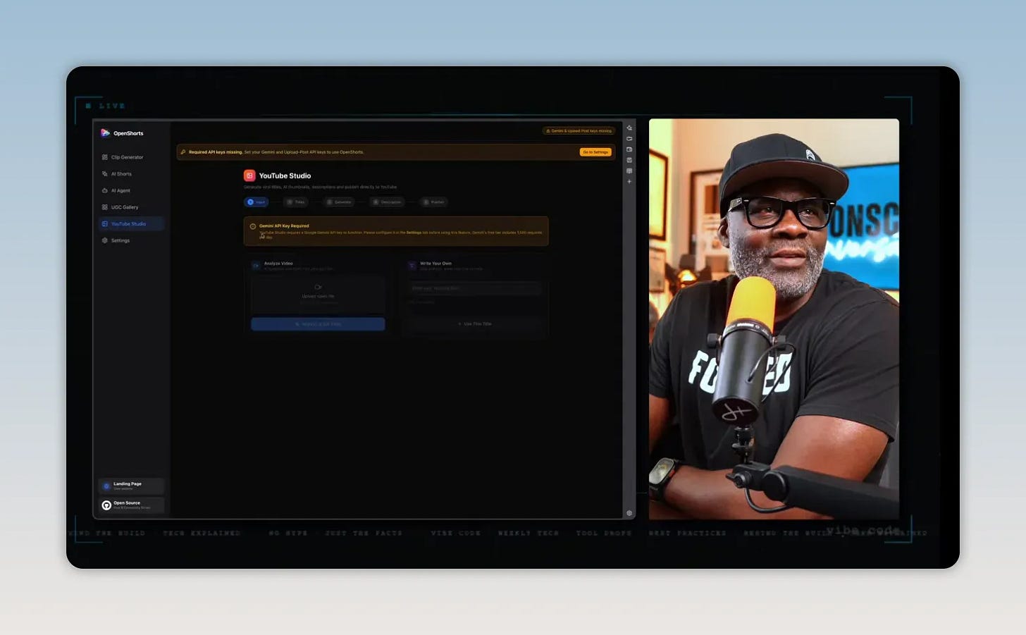 OpenShorts left sidebar with YouTube Studio page showing missing API warning