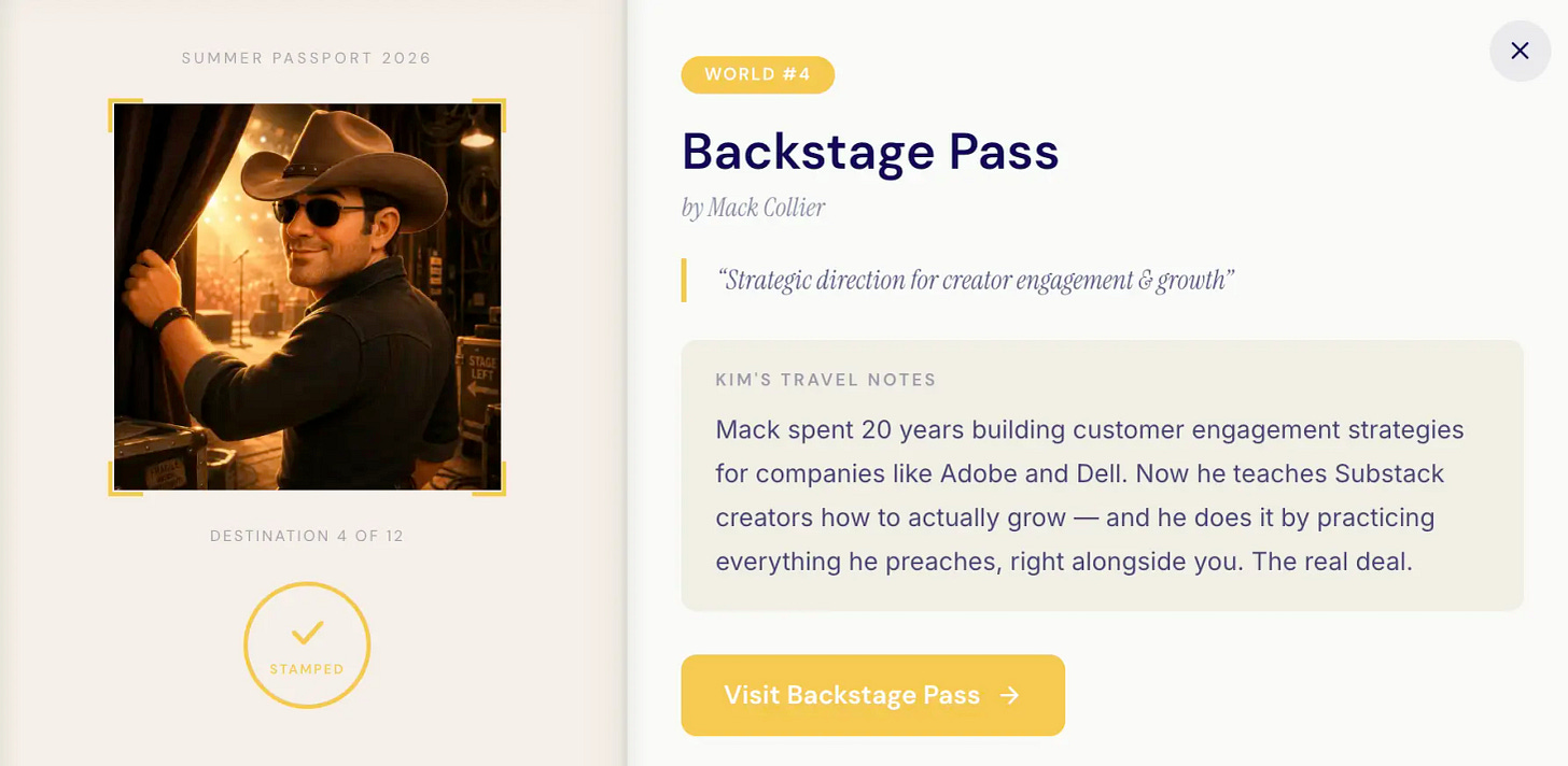 Summer Passport page for Mack Collier's Backstage Pass, showing Pixar-style character in a cowboy hat pulling back a stage curtain with Kim's travel notes about his engagement strategy