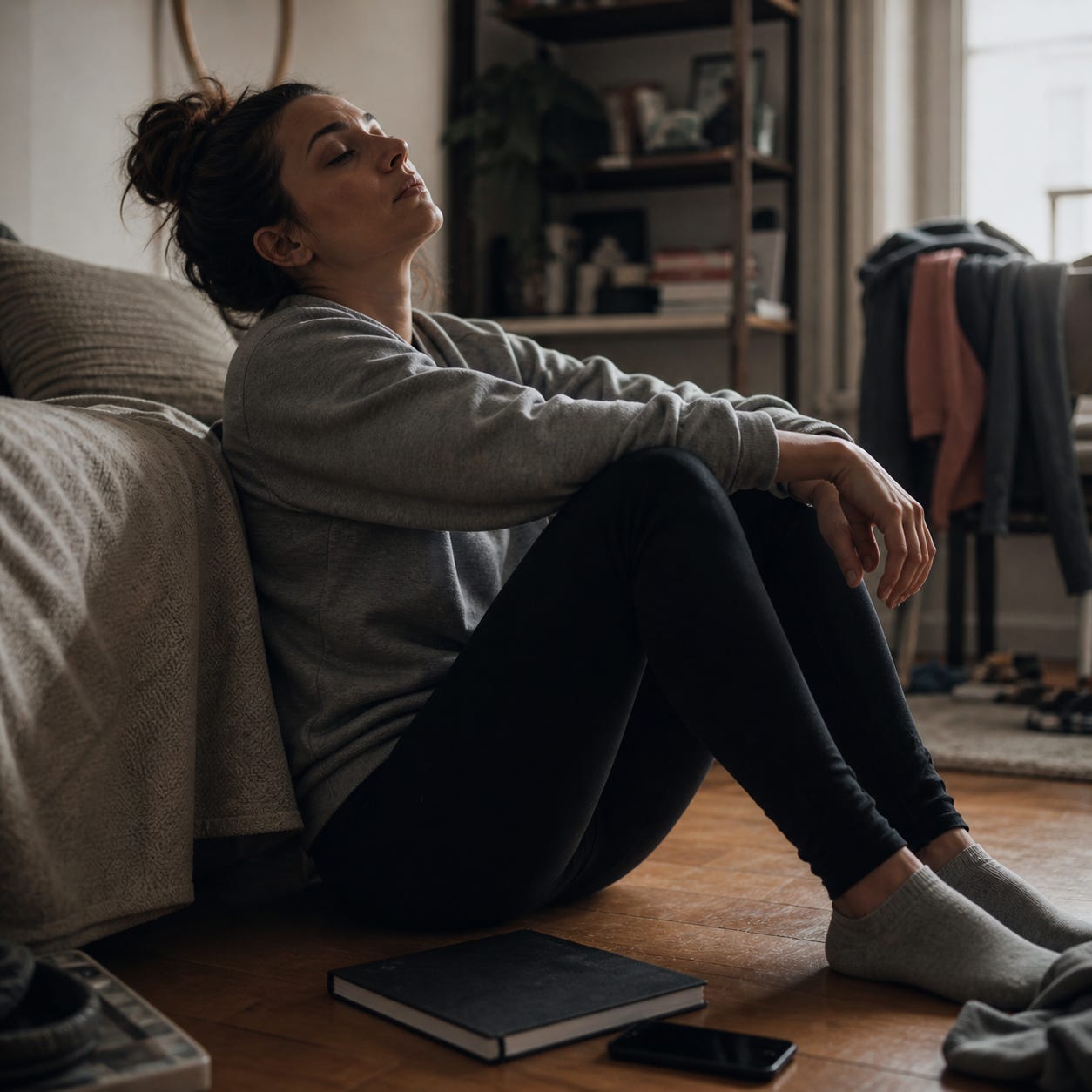 A tired adult sits on the floor beside a couch in a lived-in room, leaning back with eyes closed. A closed journal and phone rest nearby, suggesting a needed pause from reflection and self-analysis.