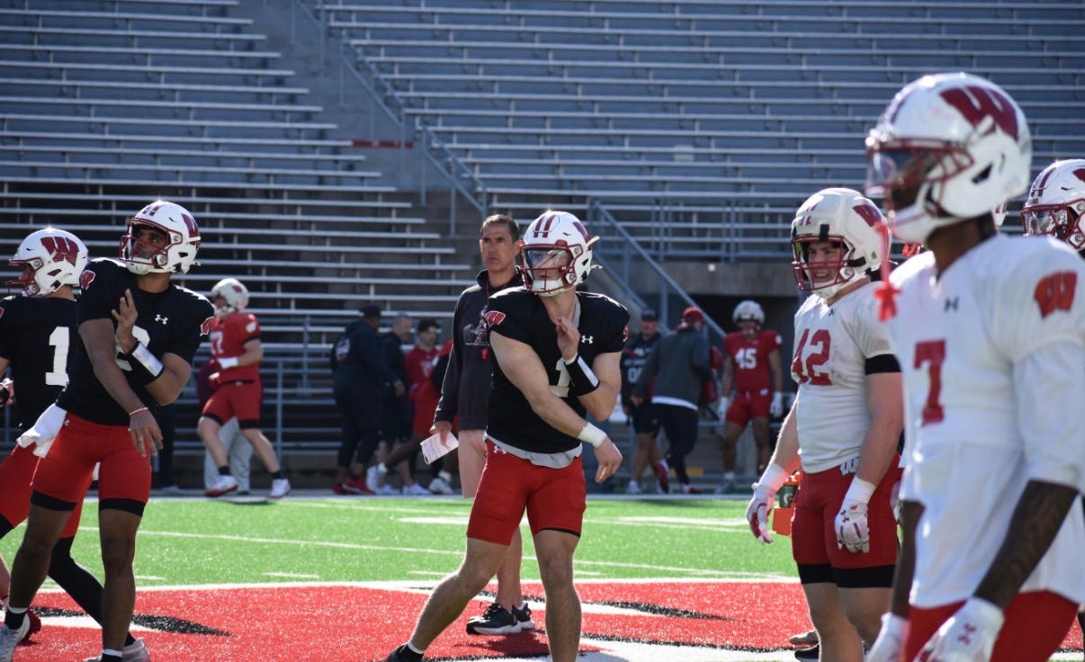 Wisconsin quarterback Colton Joseph throws a pass during spring practice while Luke Fickell watches nearby. Wisconsin quarterback Colton Joseph throws a pass during spring practice while Luke Fickell watches nearby.