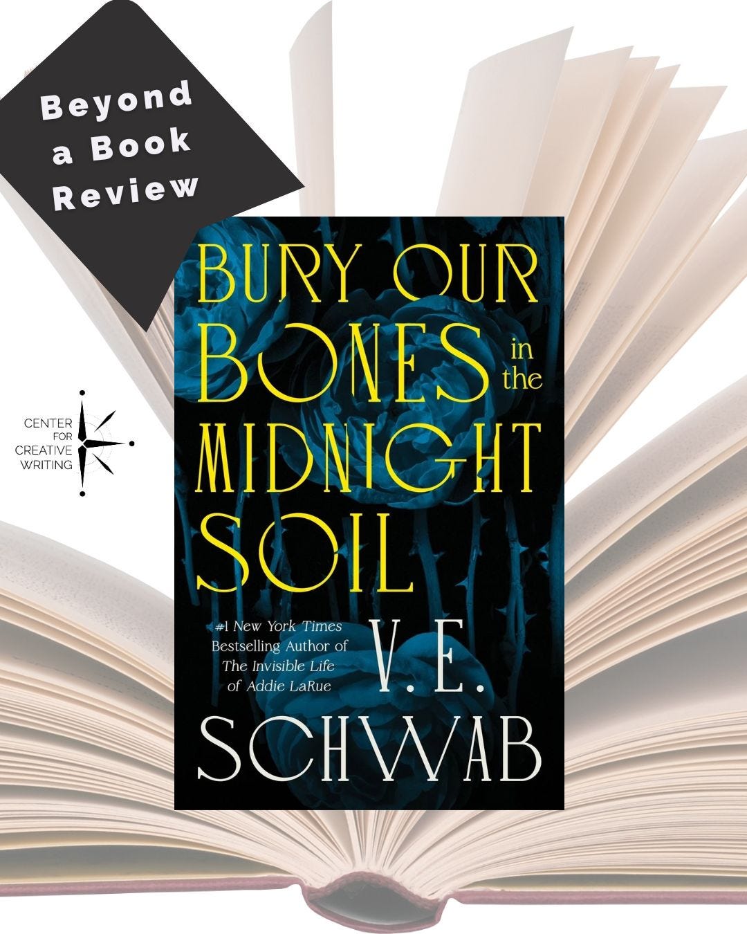 cover of Schwab's novel over a faded image of an open book below a black bookmark badge reading Beyond a Book Review