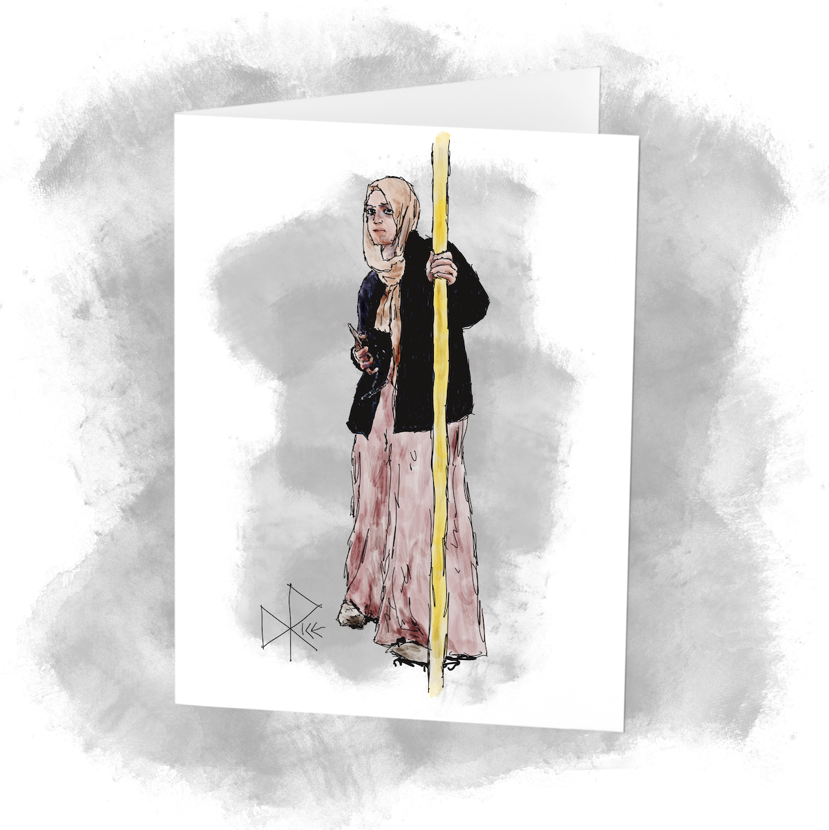 As a standing passenger, a young woman in a hijab shuffles her feet as she holds on to the stanchion while riding on a full bus. Sketch art by Don Rice. As a standing passenger, a young woman in a hijab shuffles her feet as she holds on to the stanchion while riding on a full bus. Sketch art by Don Rice.