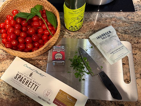 Photos showing the progression from ingredients to cooking to final marinara sauce.