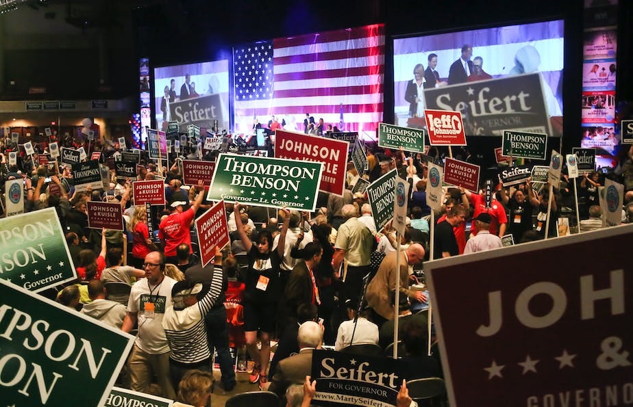 The aisles were crowded and filled with competing political placards during the Republican Governor's nomination race at the Minnesota Republican Part The aisles were crowded and filled with competing political placards during the Republican Governor's nomination race at the Minnesota Republican Part