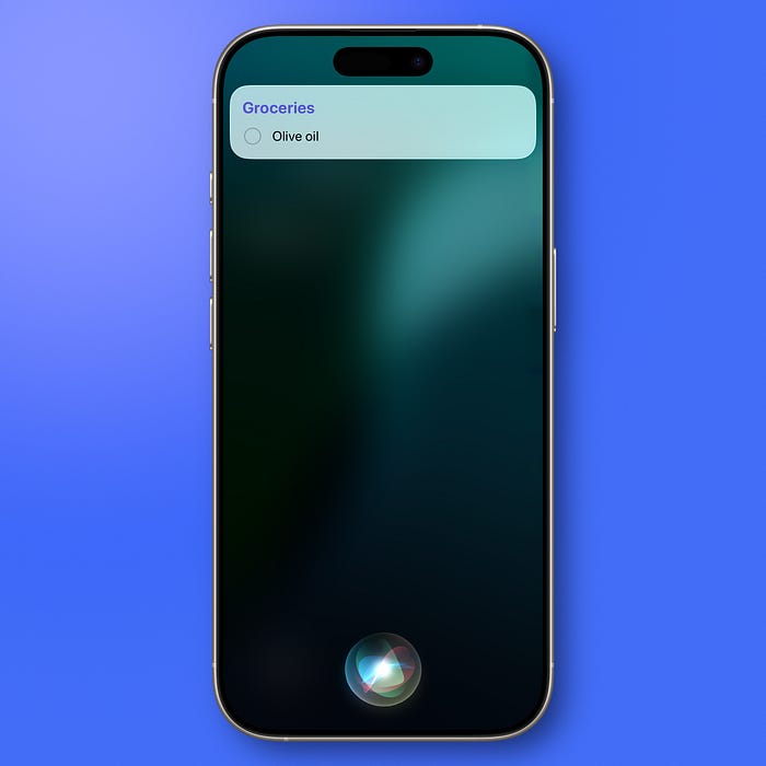 iPhone screen displaying Siri voice assistant with grocery reminder list including olive oil item on dark gradient background. iPhone screen displaying Siri voice assistant with grocery reminder list including olive oil item on dark gradient background.