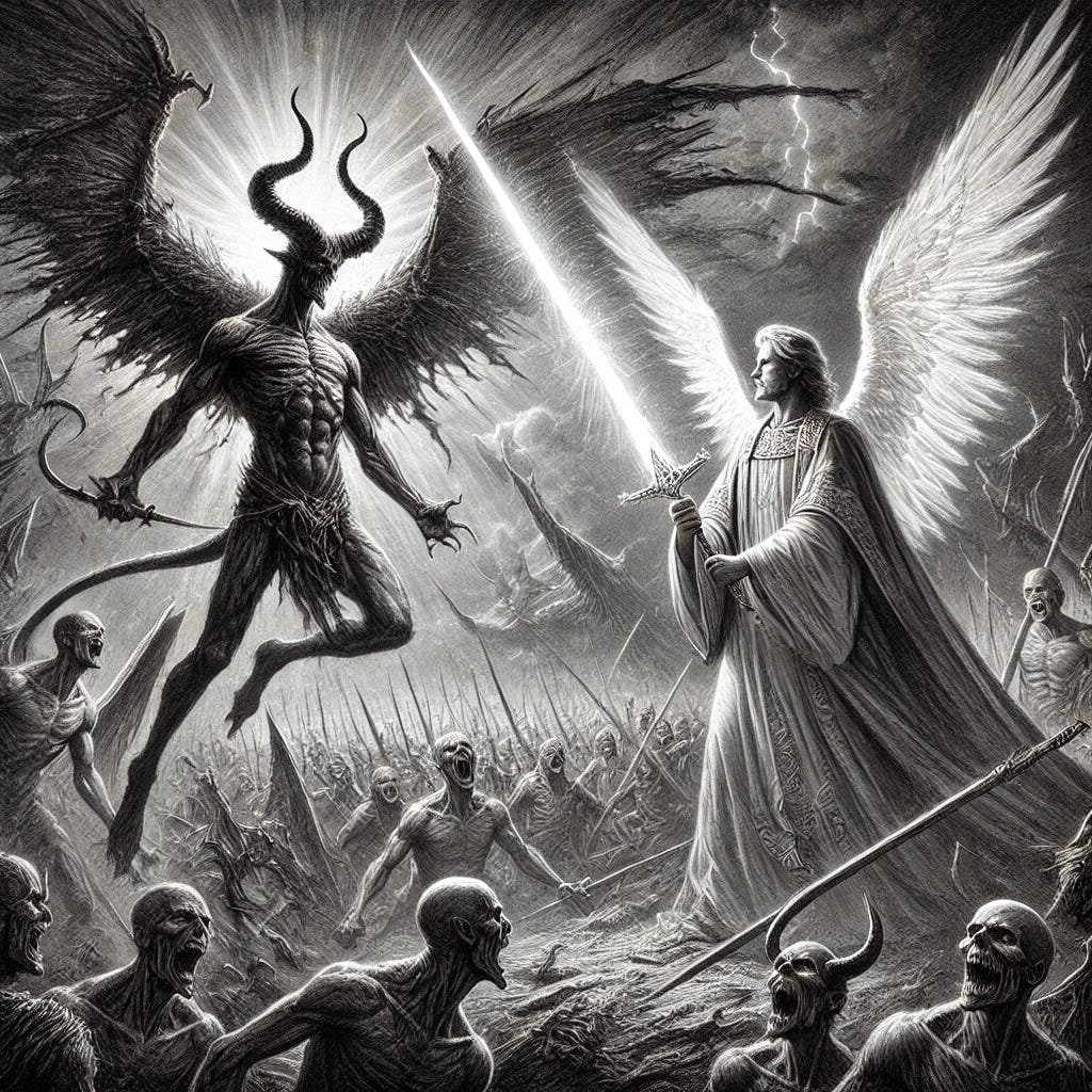 A powerful 2D pencil sketch of a battle scene from John Milton's Paradise Lost. Satan stands at the center, darkly imposing and defiant, facing off against Gabriel and Uriel. Gabriel wields a radiant sword, his stance firm and majestic, while Uriel, with glowing wings, stands beside him, resolute and confronting Satan with divine authority. Satan’s figure exudes a rebellious and regal charisma, commanding grotesque fiends behind him, twisted and monstrous in their forms. The backdrop features a chaotic battlefield under stormy, apocalyptic skies, emphasizing the grandeur and tension of this celestial confrontation. The sketch highlights the dramatic contrast between the glowing light of the angels and the shadowy menace of Satan and his followers.