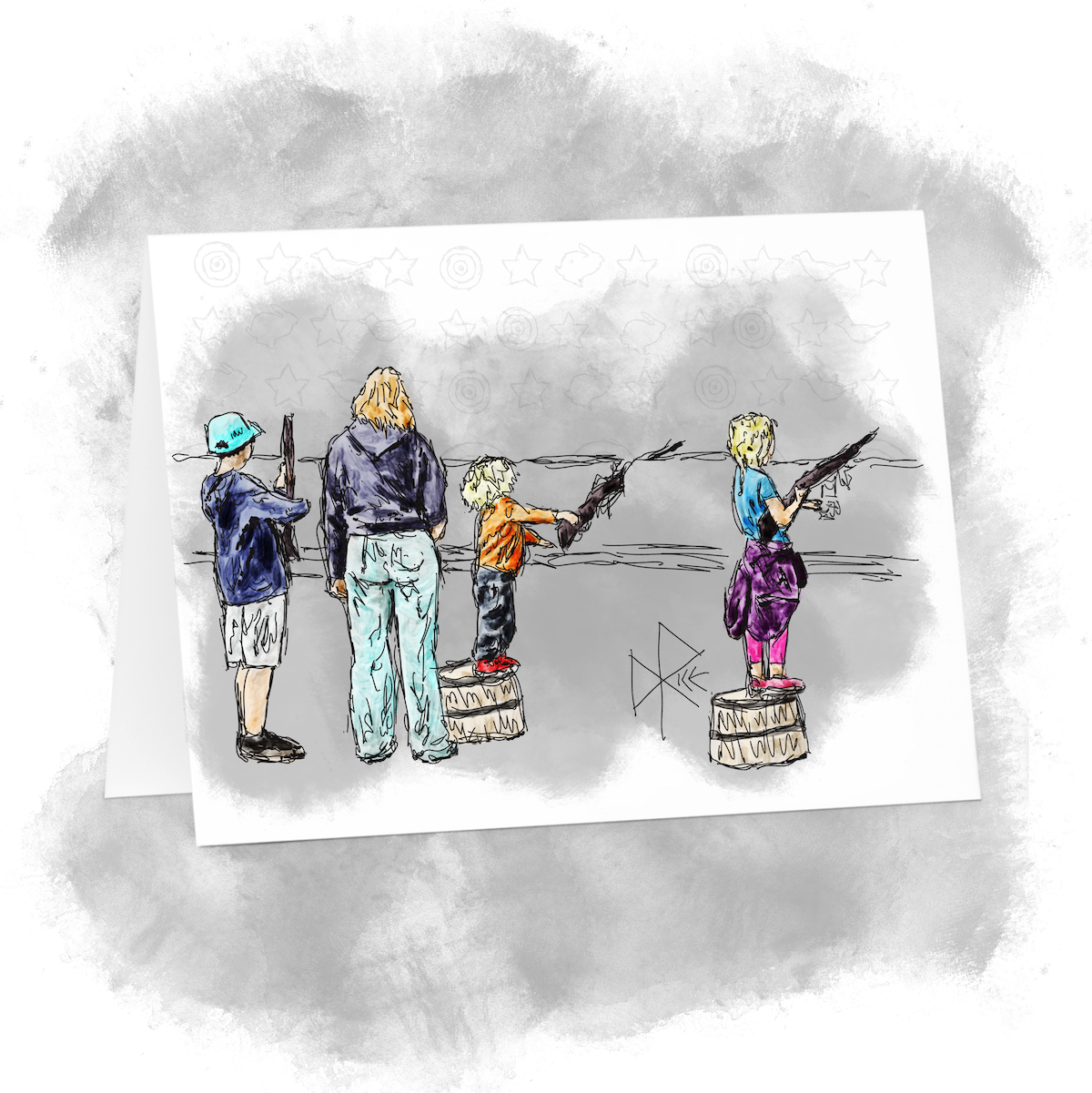 Three children, backed by their mother, having a good time shooting at targets at an exhibition. Sketch art by Don Rice.