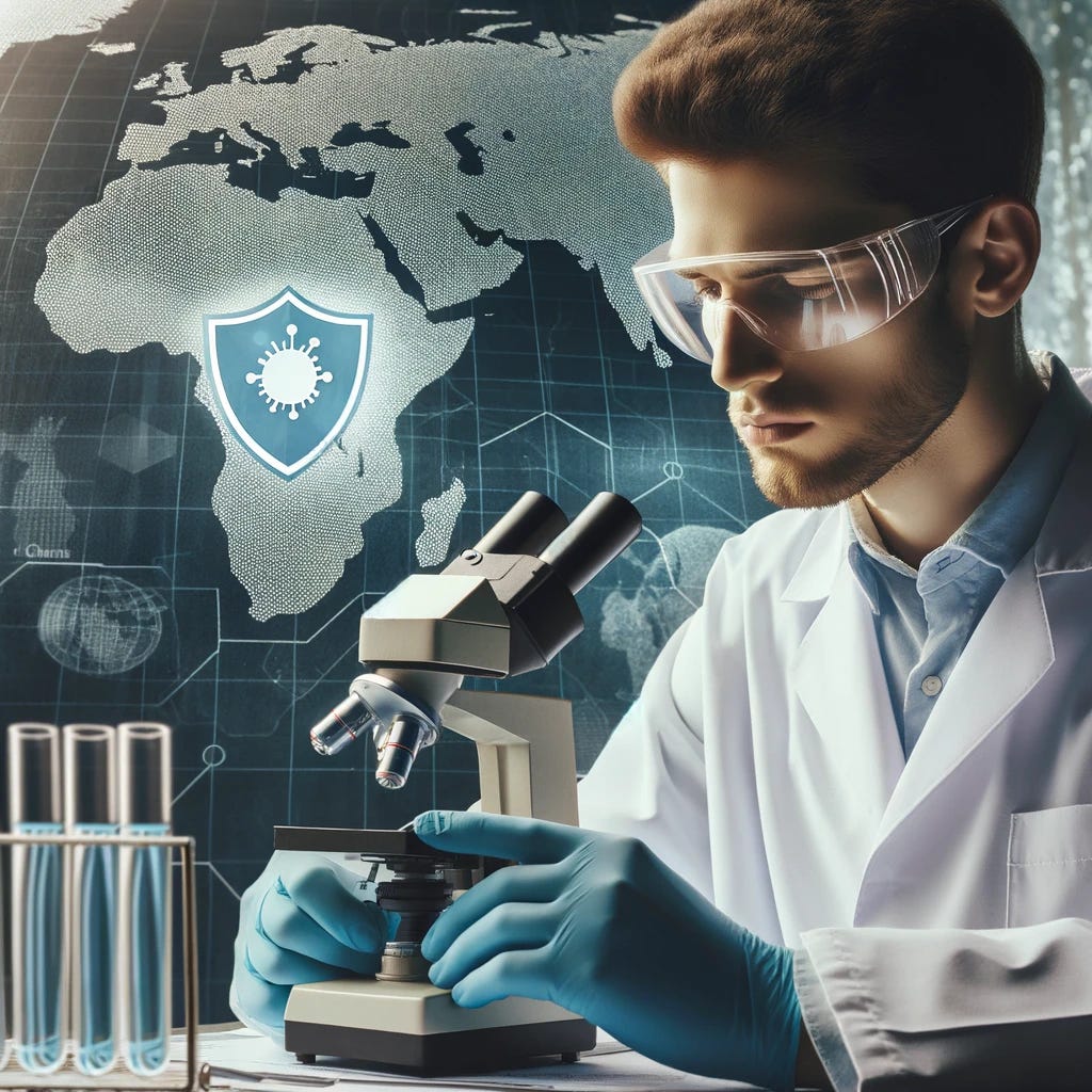 A medical researcher in a laboratory, wearing a white lab coat and safety glasses, is examining a microscope slide. Behind the researcher, a world map highlights Africa with a symbolic protective shield, symbolizing the protection against malaria. The scene conveys hope, innovation, and global health without using any text, numbers, or representations of children.