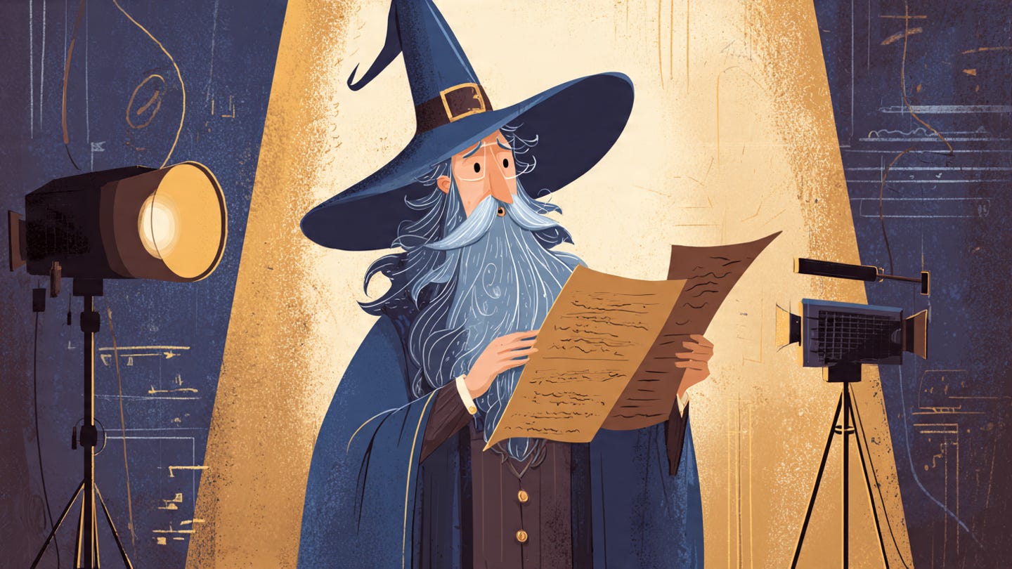 A magical wizard holding a screenplay getting rejected by a hollywood studio executive A magical wizard holding a screenplay getting rejected by a hollywood studio executive