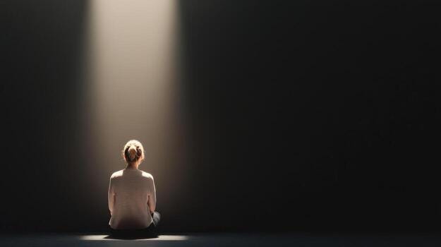 woman sits alone in dark room, illuminated by single beam of light,  creating contemplative and serene atmosphere 58145269 Stock Photo at  Vecteezy