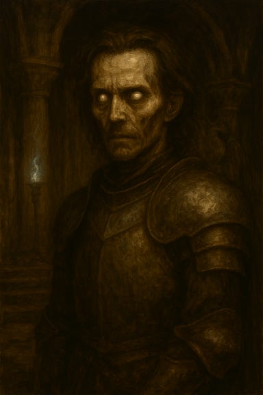 A portrait of the revenant Sir Godfrey Gwilym, visually reminiscent of Tom Hiddleston, as he appears in Argynvostholt. His face is pale and gaunt, with high cheekbones and hollow eyes that glow faintly with silver-blue light. His long dark hair is swept back, and his expression is solemn, burdened by centuries of undeath. He wears tarnished silver armor with the sigil of the Silver Dragon engraved on the breastplate. A tattered blue cloak hangs from his shoulders, and behind him, the cracked stone walls of Argynvostholt’s chapel loom in shadow. The atmosphere is mournful, noble, and ghostlit.