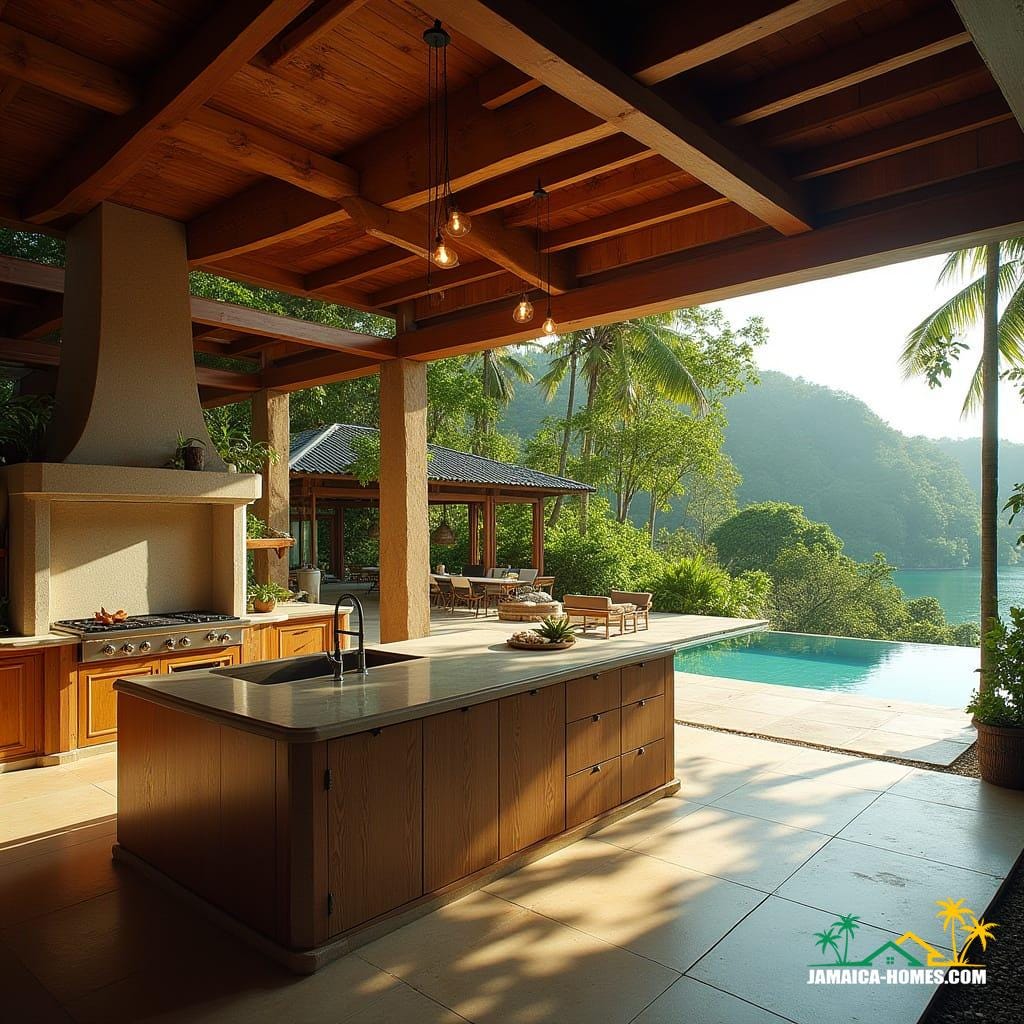 An ultra-luxurious outdoor kitchen, crafted from rich teak and mahogany, seamlessly integrated into a multimillion-pound off-the-grid wooden estate, nestled in the lush green mountains of Jamaica