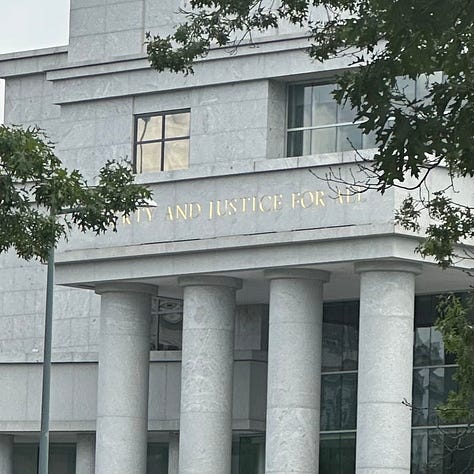 8 photos of a Pride parade. One photo of the Colorado Supreme Court Building with text reading "Liberty and Justice for All"