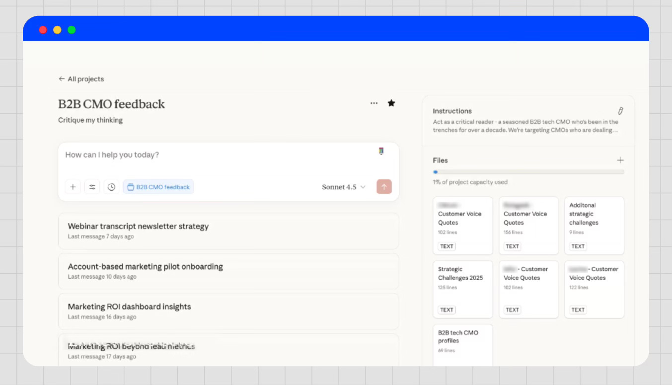 Claude project screenshot used in ‘How to create customer-centric B2B content that sells (2025)’ showing a project for organizing CMO feedback.