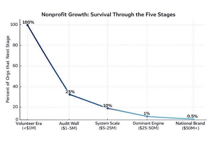 The image illustrates a survival curve for nonprofit organizations, showing the percentage of those that reach each stage, including volunteer era, audit wall, system scale, and national brand, with revenue categories from under $1M to over $50M+.

AI-generated content may be incorrect.