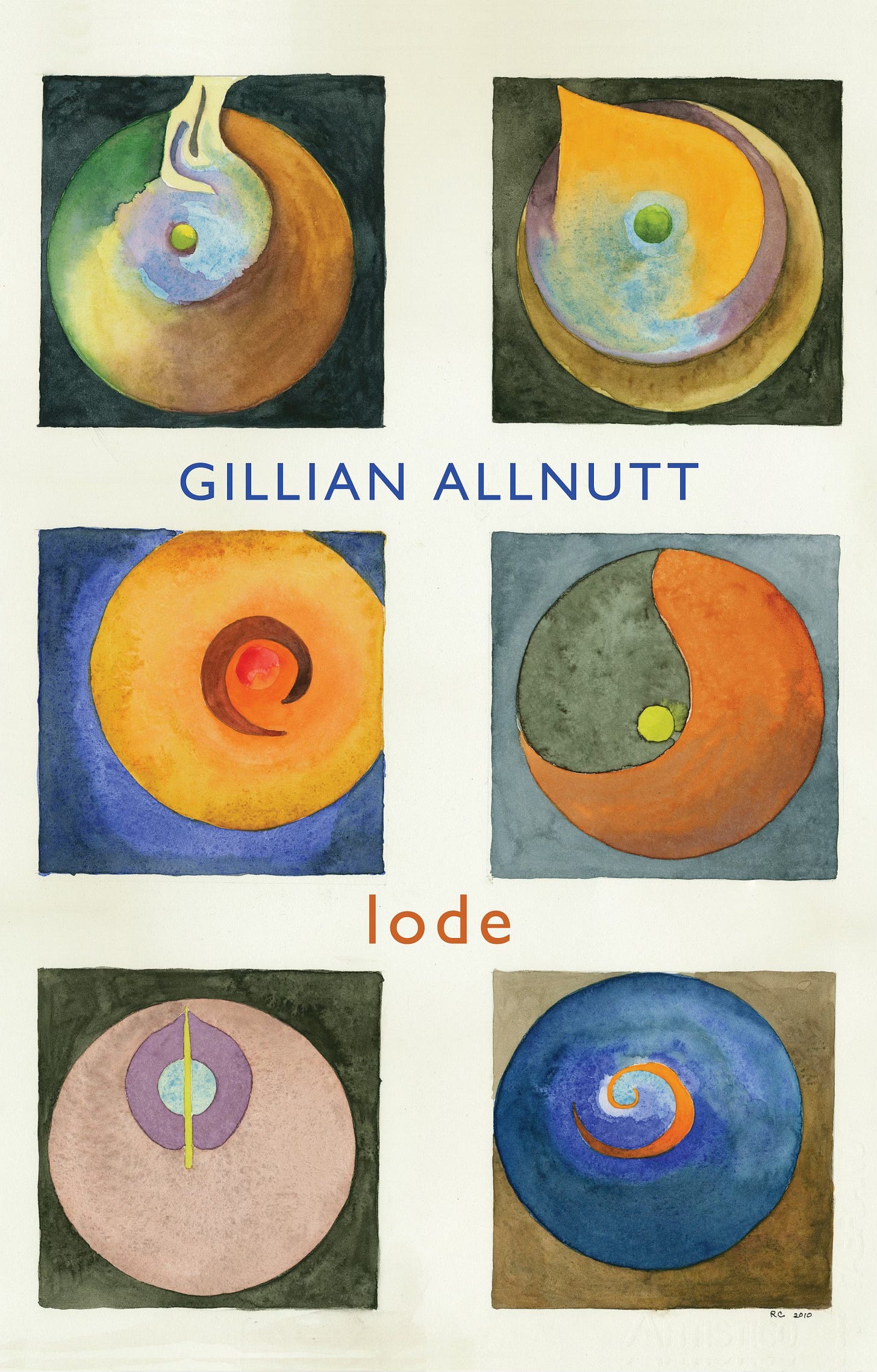 Book cover with a reproduction of 'Six Seeds' (2010) by Romey Chafer — a watercolour of six squares each with a round 'seed' with various patterns in and in various colours
