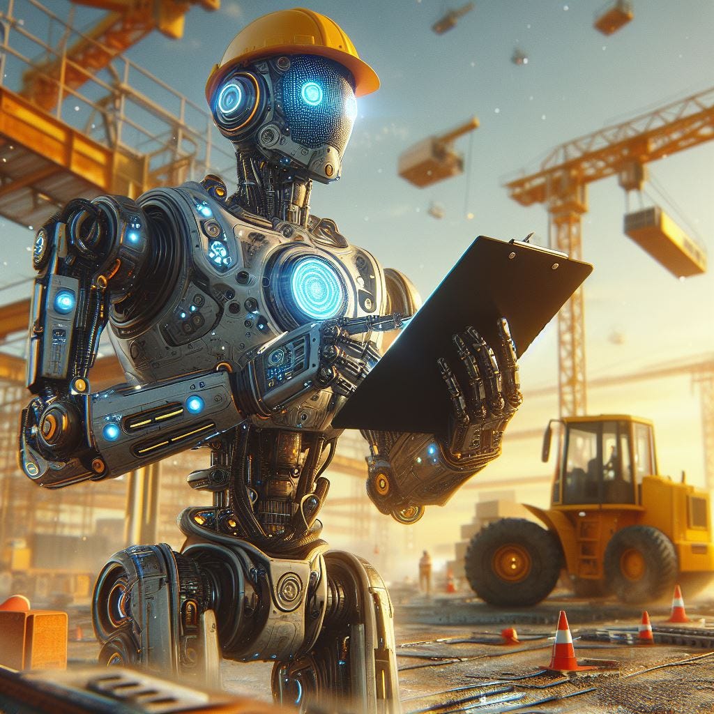 Engineer Robot overseeing a building site with a clipboard in hand