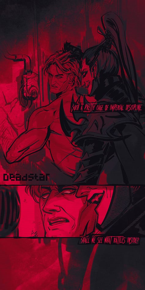 Two-panel sequential illustration in dramatic red and black. Wide shot shows an Imperial officer vulnerable and shirtless, confronted by a towering Drukhari warrior in ornate armor. Overlaid close-up panel zooms to the officer's face showing pain and fear, with the alien's fangs prominently visible while their eyes remain out of frame. Image demonstrates zoom technique by contrasting environmental context with intimate emotional detail.