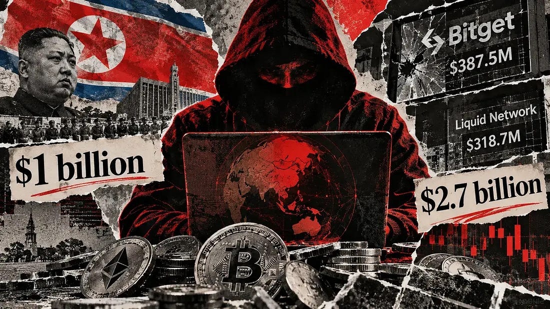 Shadowed hacker works behind cryptocurrency assets with North Korea imagery and major Bitget, Liquid Network, and 2026 loss figures.