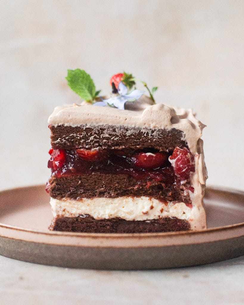 Chocolate and sour cherry jelly cake - by Ruth Tam