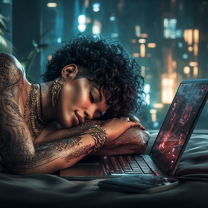 a cinematic still of an african american woman with curly hair laying on her bed, writing in a journal.
