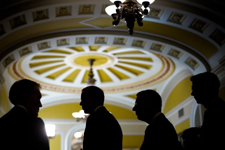 Men in suits shown in shadow underneath elaborate ceiling with arches