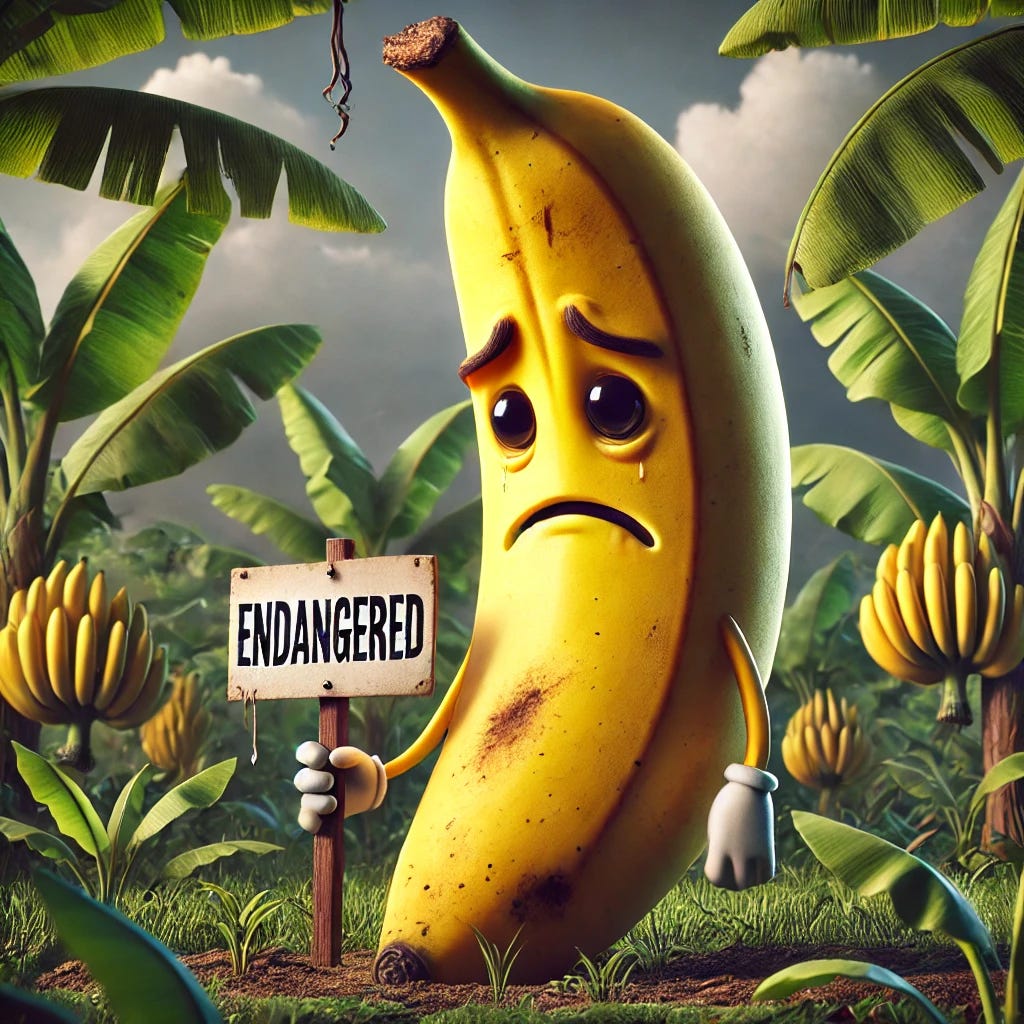 A Cavendish banana with a worried expression, standing alone in a tropical setting, surrounded by lush banana plants. The banana appears anthropomorphic, with drooping eyes and a furrowed brow, holding a sign that reads 'Endangered' in one hand. In the background, other bananas are growing on trees, but there are dark clouds overhead to symbolize the looming threat. The overall mood should convey concern about the future, with a contrast between the vibrant nature and the banana's somber demeanor.