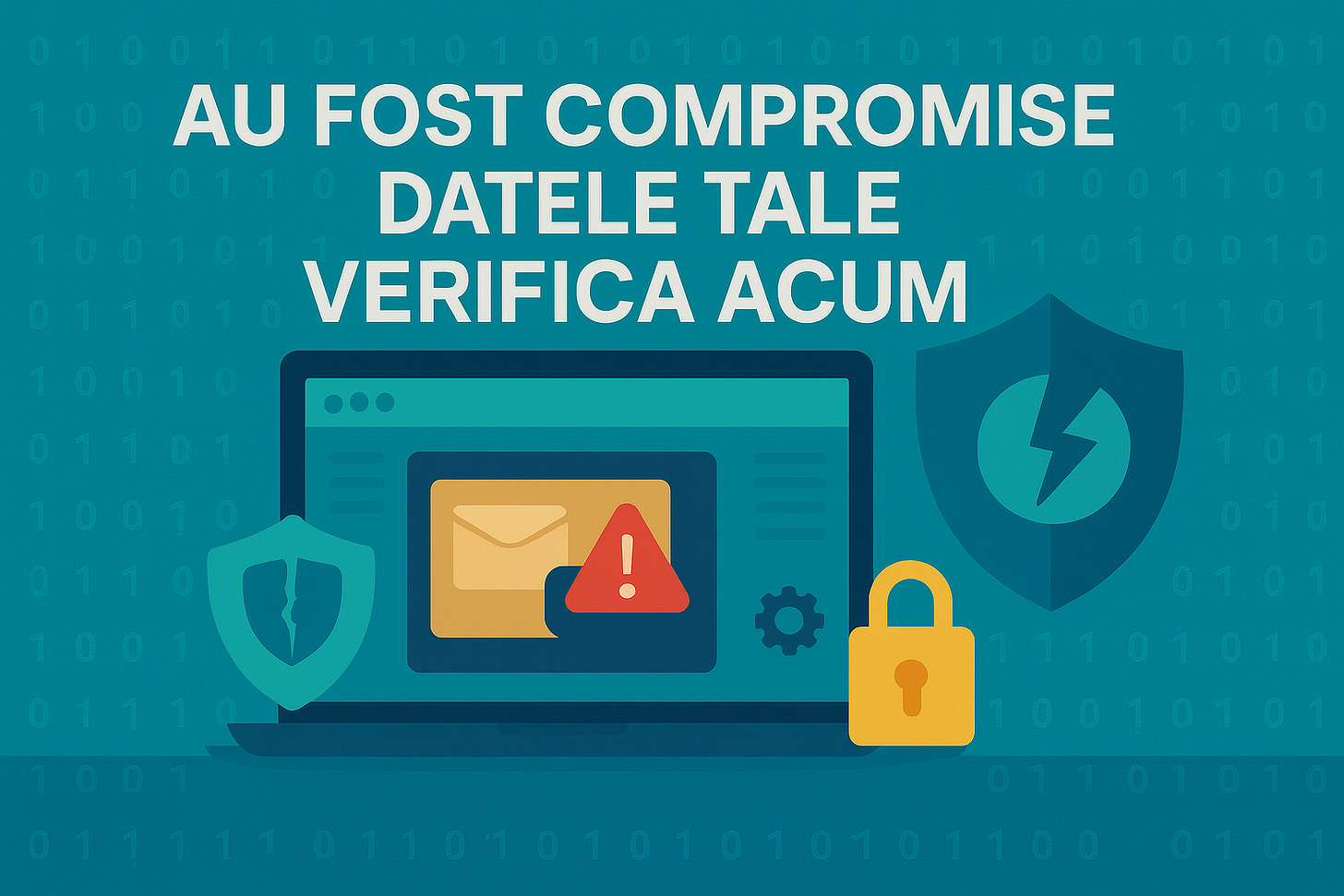 Banner vectorial flat 16 : 9, gradient albastru-verde, text alb «AU FOST COMPROMISE DATELE TALE VERIFICA ACUM». În centru, laptop cu pictogramă bază de date și triunghi roșu de alertă; lângă, scut crăpat, scut cu fulger și lacăt galben, pe fundal șiruri binare – stil tech clar, contrast ridicat. Banner vectorial flat 16 : 9, gradient albastru-verde, text alb «AU FOST COMPROMISE DATELE TALE VERIFICA ACUM». În centru, laptop cu pictogramă bază de date și triunghi roșu de alertă; lângă, scut crăpat, scut cu fulger și lacăt galben, pe fundal șiruri binare – stil tech clar, contrast ridicat.