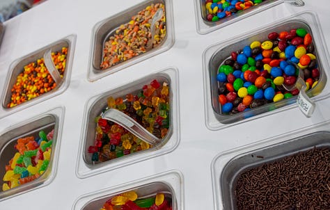pictures of the inside of Yogurt Journey and all the colorful toppings