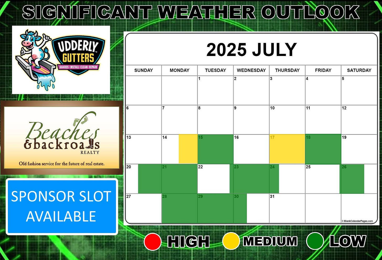 May be an image of text that says 'SIGNIFICANT WEATHER OUTLOOK UDDERLY GUTTERS EIARIS-INSTAU-CIEAN-TEPAR EUARIS- RIS-INSTALI-CIFAN-REPA ISTALI REPAIR SUNDAY MONDAY 2025 JULY TUESDAY WEDNESDAY THURSDAY FRIDAY 4 SATURDAY 13 Beaches &backroals REALTY 14 Old fasbion service for the future 12 rcal cstate. 16 20 19 22 23 27 SPONSOR SLOT AVAILABLE 25 30 31 HIGH @BerkCokndatfogez.com MEDIUM OLOW LOW' May be an image of text that says 'SIGNIFICANT WEATHER OUTLOOK UDDERLY GUTTERS EIARIS-INSTAU-CIEAN-TEPAR EUARIS- RIS-INSTALI-CIFAN-REPA ISTALI REPAIR SUNDAY MONDAY 2025 JULY TUESDAY WEDNESDAY THURSDAY FRIDAY 4 SATURDAY 13 Beaches &backroals REALTY 14 Old fasbion service for the future 12 rcal cstate. 16 20 19 22 23 27 SPONSOR SLOT AVAILABLE 25 30 31 HIGH @BerkCokndatfogez.com MEDIUM OLOW LOW'