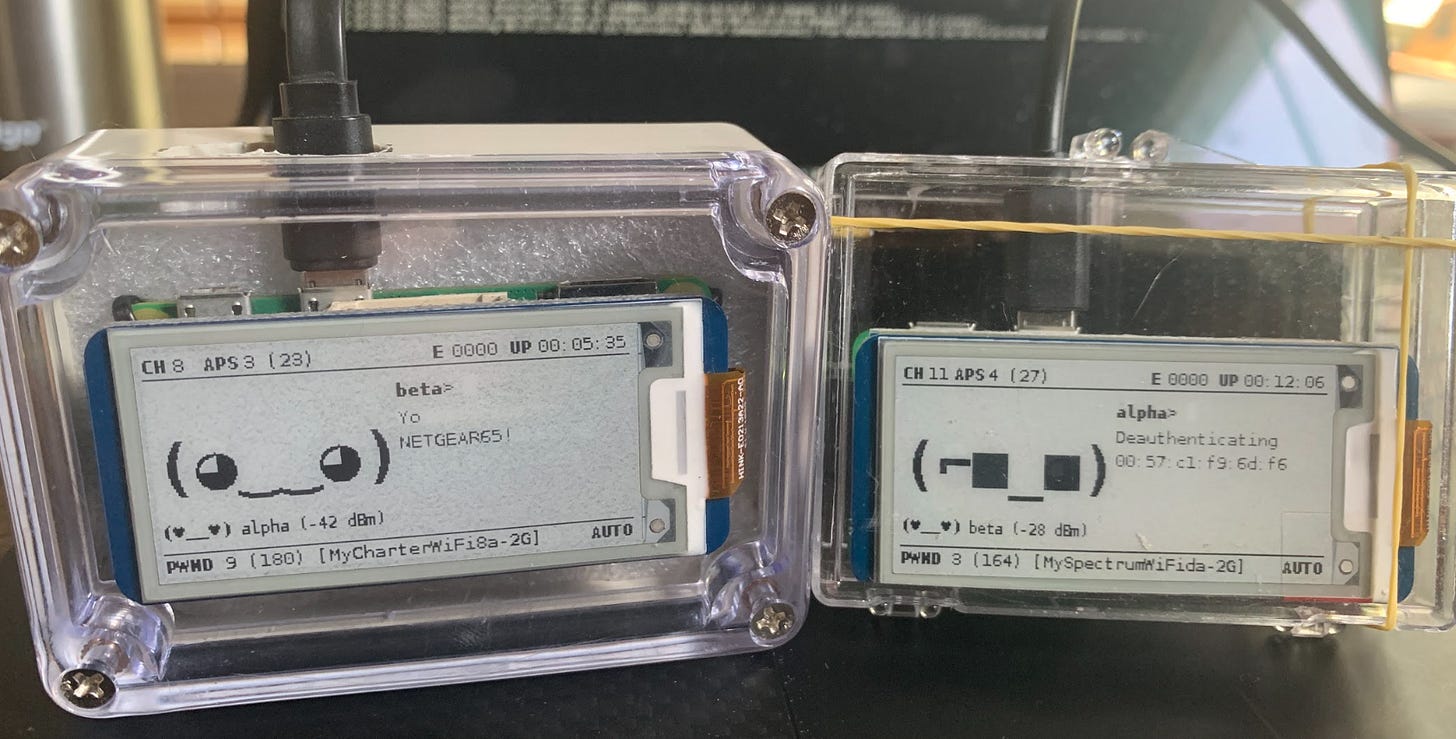 Two small electronic devices with screens displaying information about wireless networks, including signal strength and network names. The devices have a clear plastic casing and show ASCII art along with text details. These are part of a home-brewed product called Pwnagotchi, used for wireless network attacks.