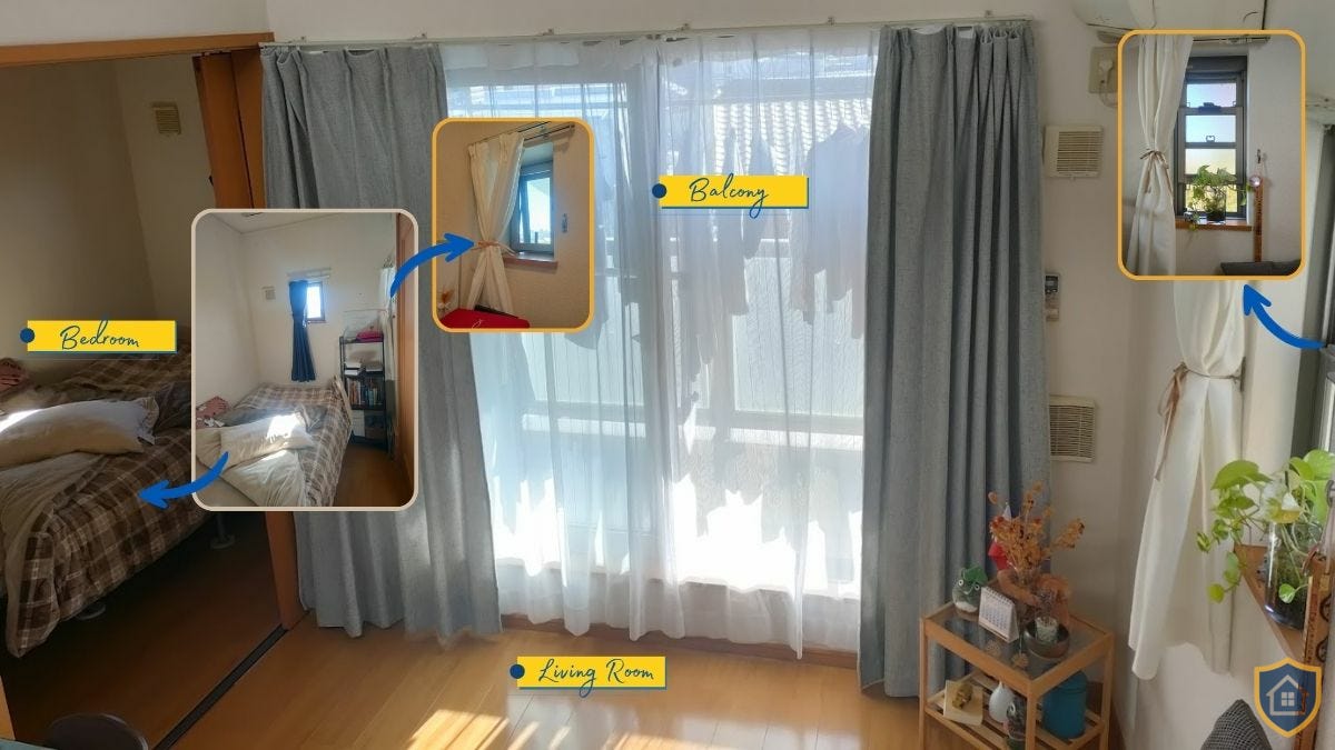 Large sliding balcony window provides main natural light while smaller windows in living room and bedrooms handle ventilation