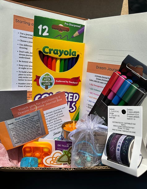 journal and supplies in cardboard box