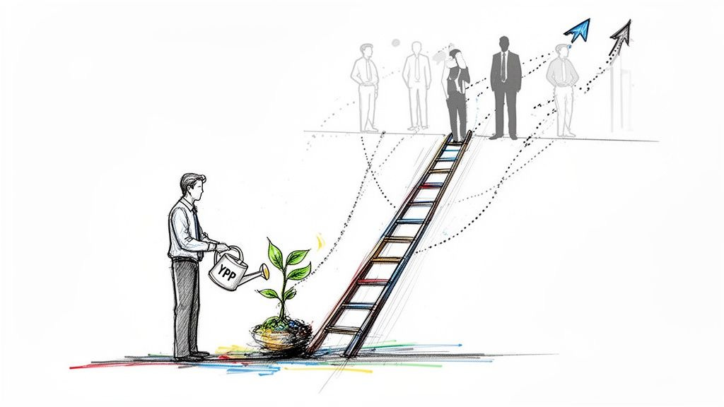 A man waters a "YPP" plant, symbolizing investment in career growth towards a ladder of progression. A man waters a "YPP" plant, symbolizing investment in career growth towards a ladder of progression.