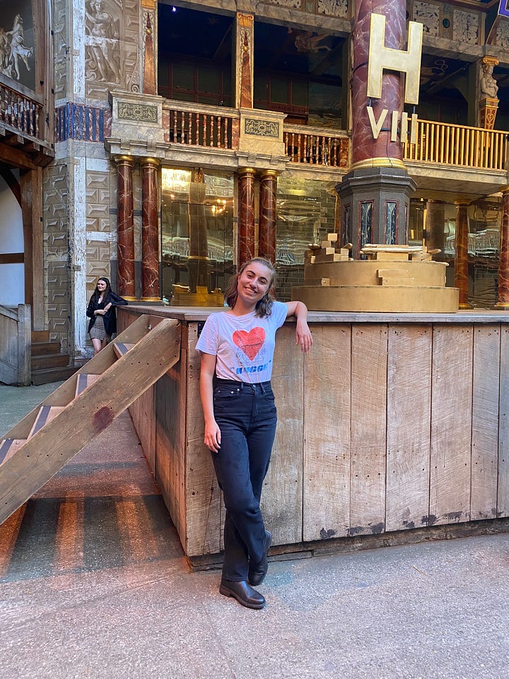 Image on left: a girl leans against a wooden stage; Image on right: five faces smiling outside of a white building with a wooden frame