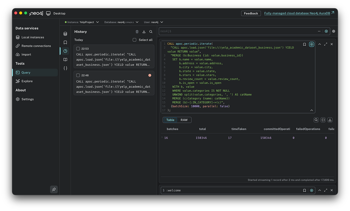 Neo4j query interface showing the successful execution of the Business import script, with the result summary table indicating 150,346 committed operations.