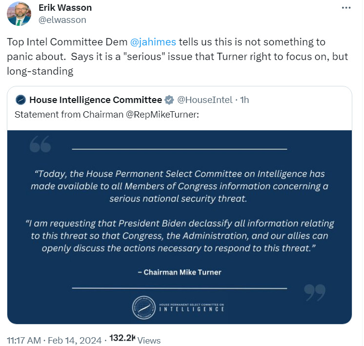 Top Intel Committee Dem @jahimes tells us this is not something to panic about. Says it is a "serious" issue that Turner right to focus on, but long-standing Top Intel Committee Dem @jahimes tells us this is not something to panic about. Says it is a "serious" issue that Turner right to focus on, but long-standing