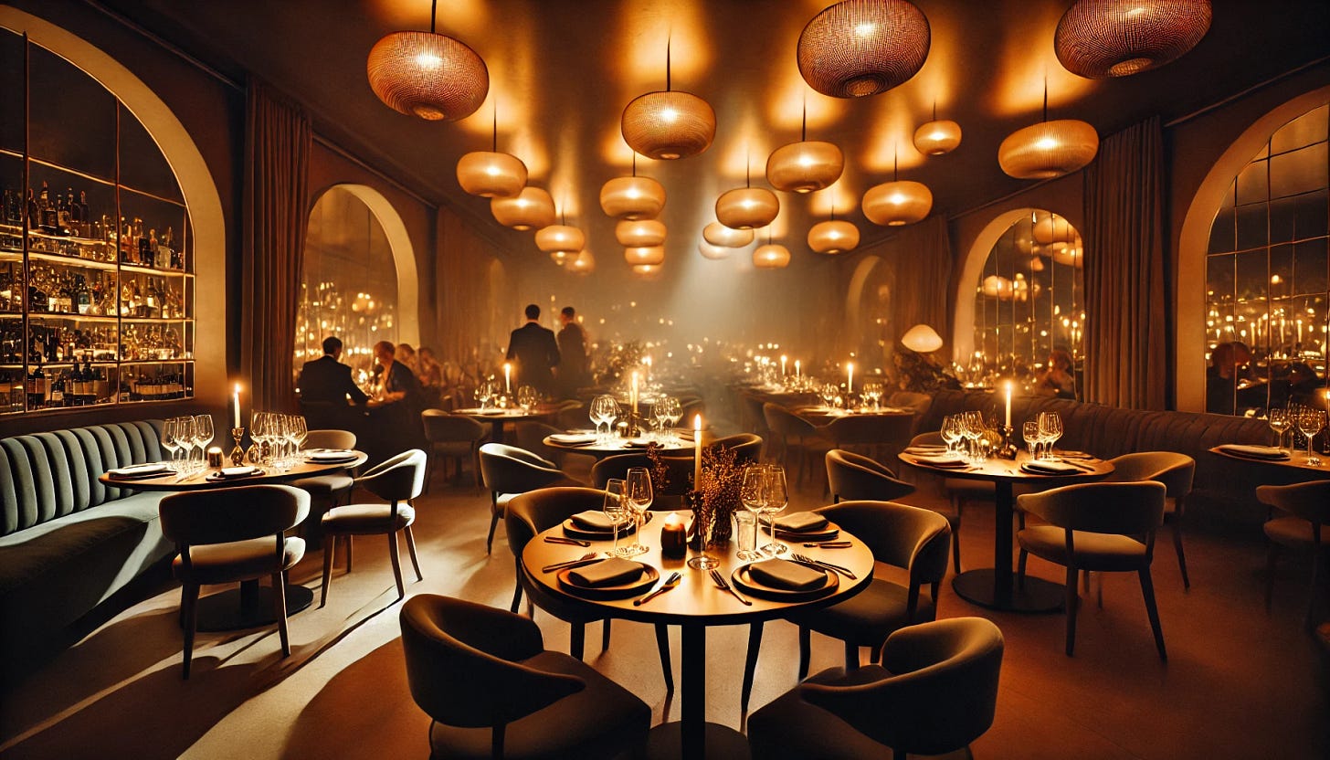 An elegant but unpretentious restaurant with soft amber lighting casting a warm, golden glow across the room. Each table has a single flickering candle, creating a romantic and intimate atmosphere. The background features the gentle clink of silverware and the low murmur of diners blending seamlessly with soothing jazz music. The decor is refined yet welcoming, with plush seating, beautifully set tables, and a cozy ambiance.