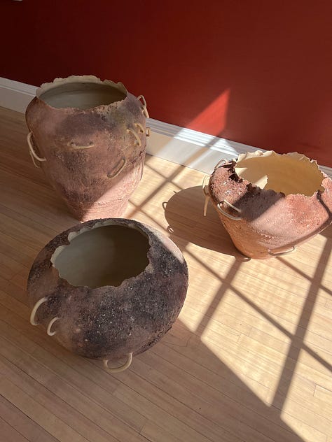 1-2. Maria McStay -- Collective Futures / hand-built vessels with crank clay and embedded with East Lothian minerals; 3. Viv Lee + Jonathan Wade -- Earth Becoming / fired and unfired self-gathered native clays and reclaimed stoneware.